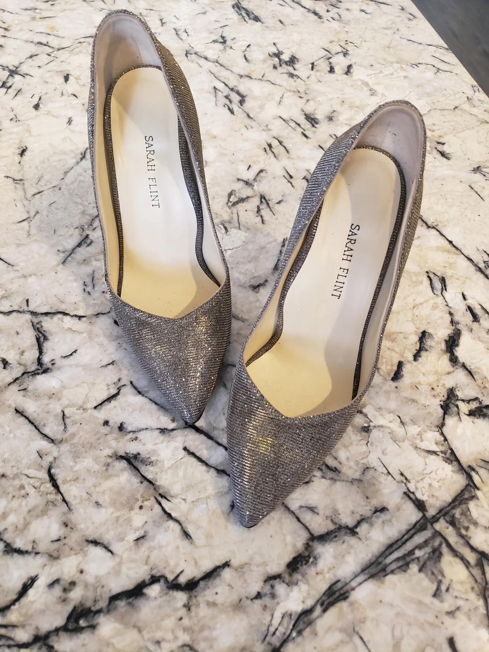 Sarah Flint Silver Glitter Pointed Toe Stilettos with Gold Edge